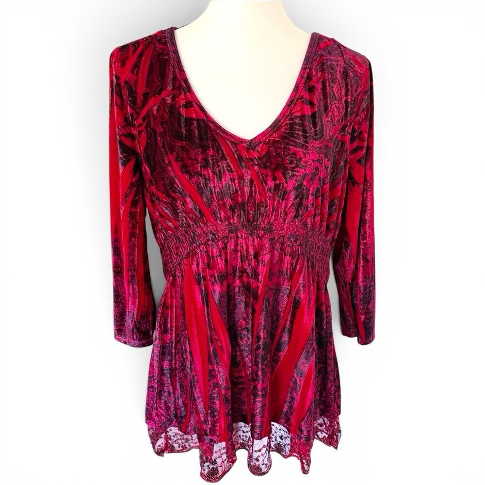 Energe Red Black Velvet 1X Top Mystic Dye Whimsigoth Fairy Grunge Sequin Flowy